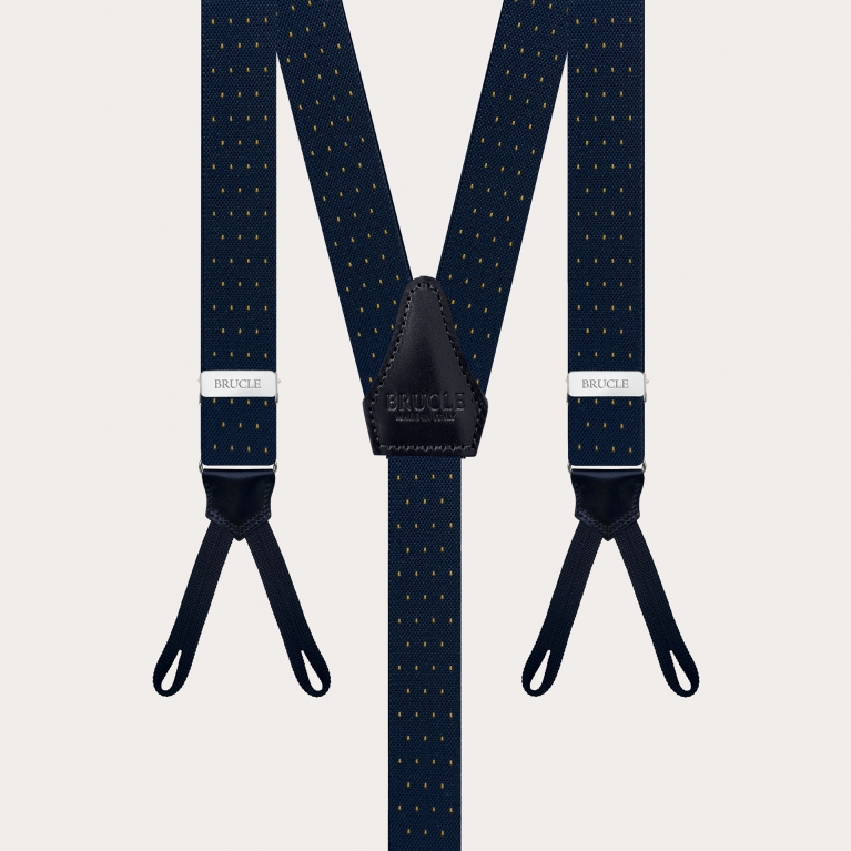 Narrow blue and gold pin-dot suspenders with buttonholes