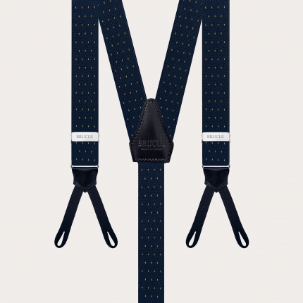 Narrow blue and gold pin-dot suspenders with buttonholes