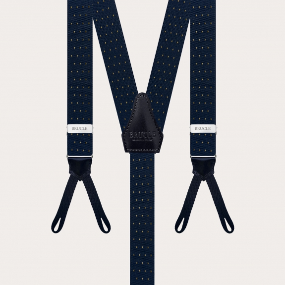 Narrow blue and gold pin-dot suspenders with buttonholes