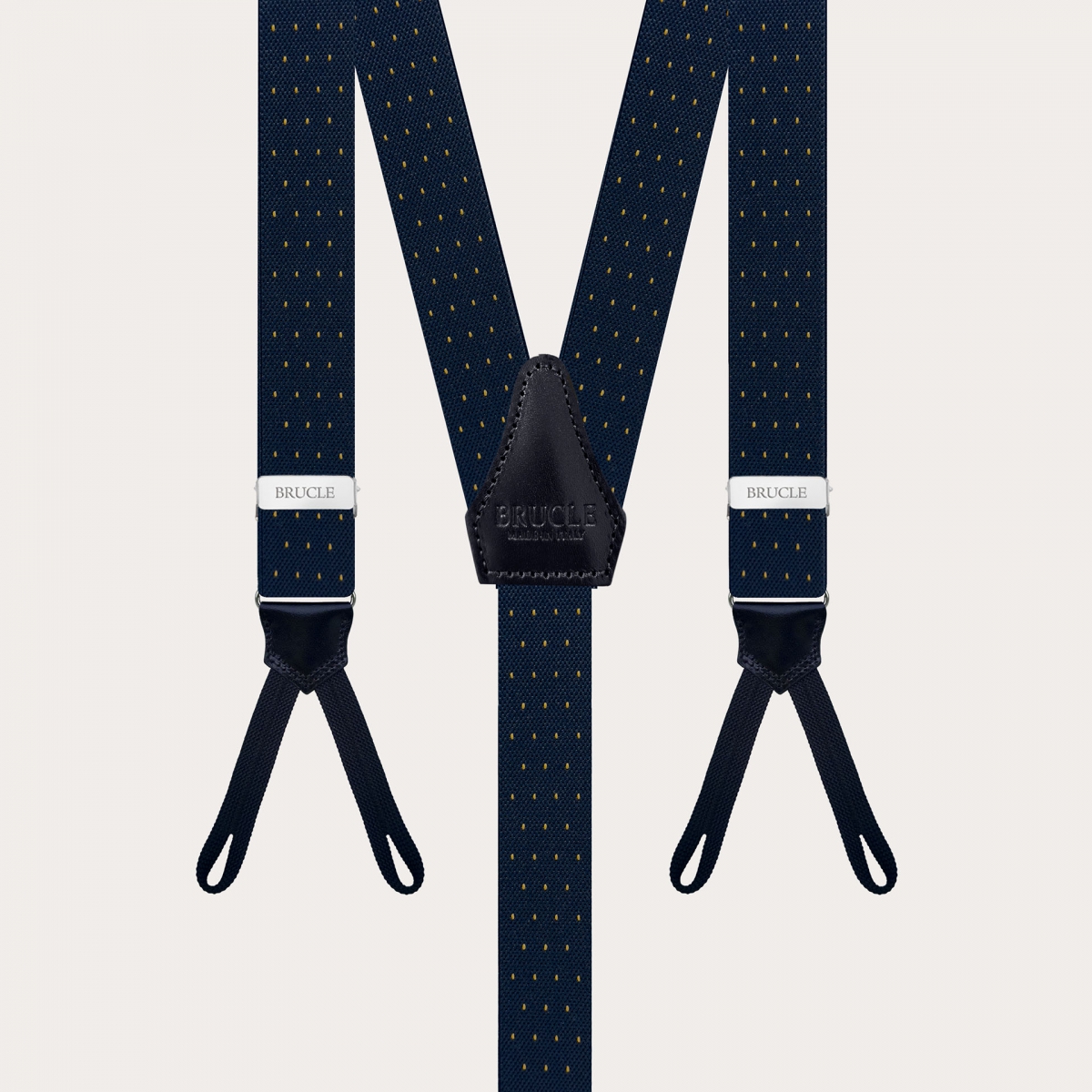 Narrow blue and gold pin-dot suspenders with buttonholes