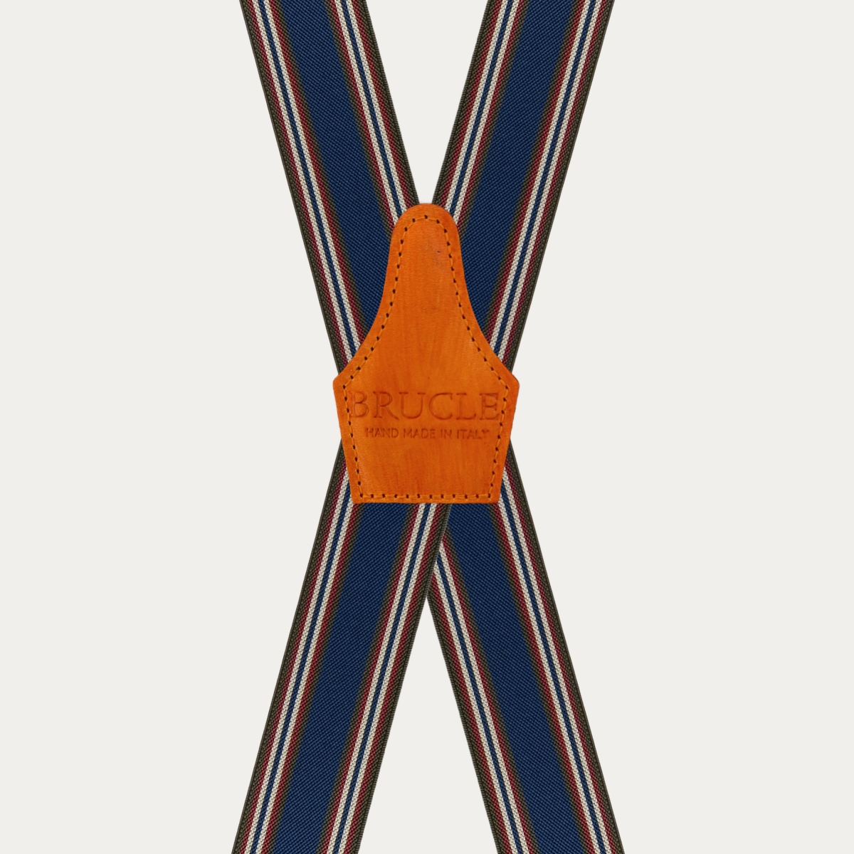Extra-long X-back braces with blue and orange stripes