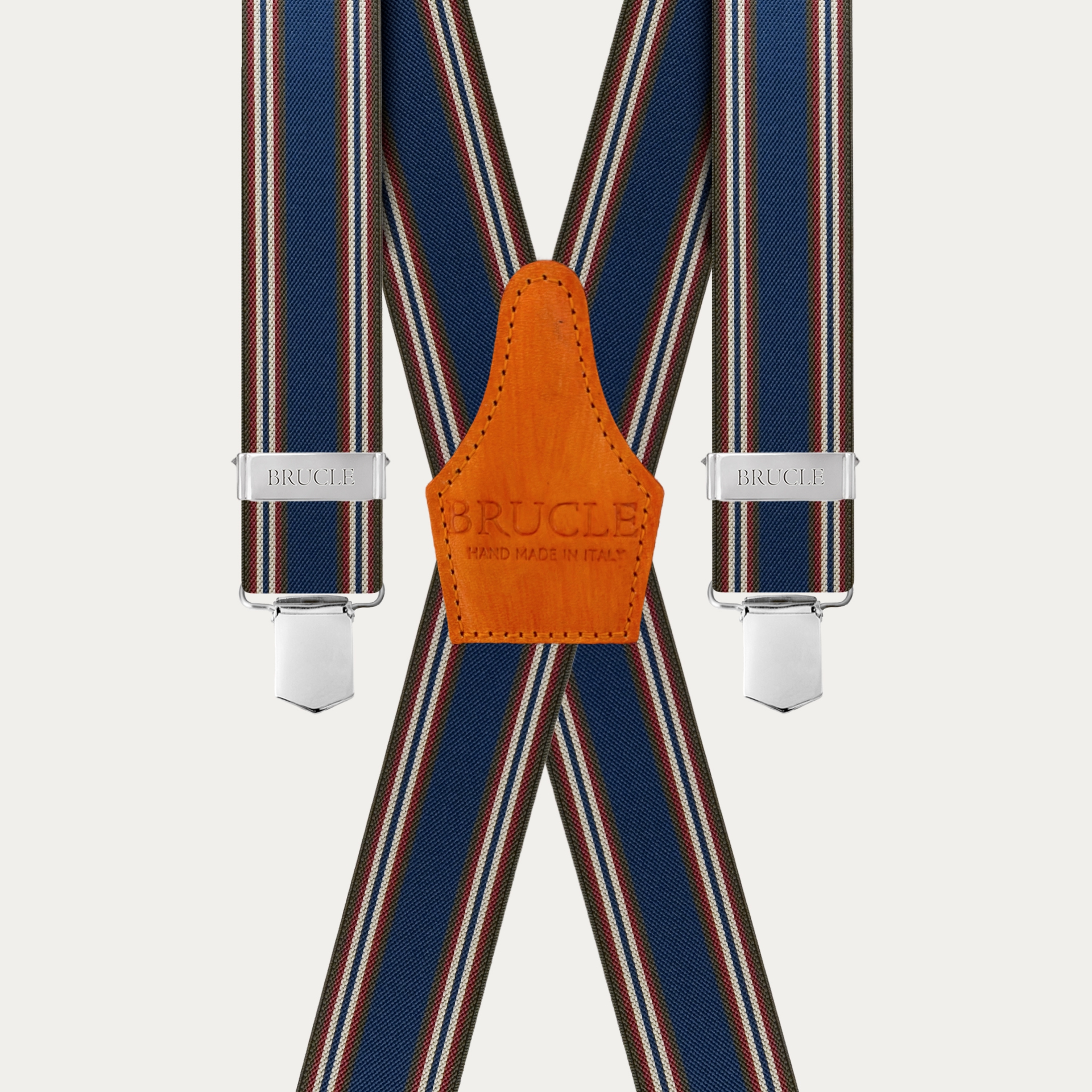 Extra-long X-back braces with blue and orange stripes