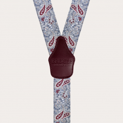 Suspenders with clips in grey and burgundy paisley pattern