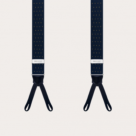 Narrow blue and gold pin-dot suspenders with buttonholes