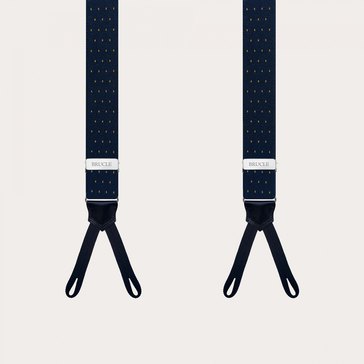 Narrow blue and gold pin-dot suspenders with buttonholes