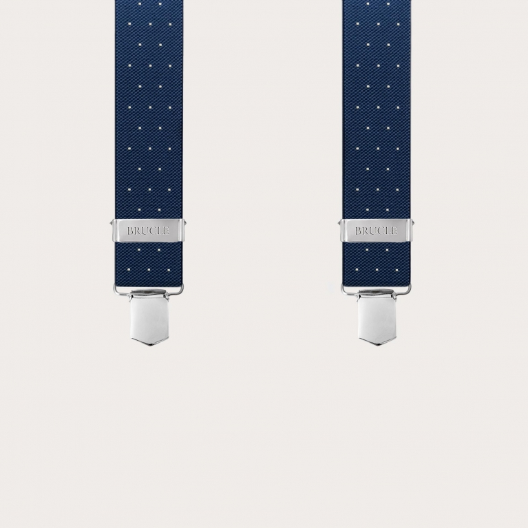 Extra-long X-back blue suspenders with polka dots