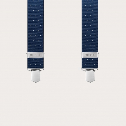 Extra-long X-back blue suspenders with polka dots