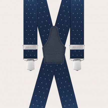 Extra-long X-back blue suspenders with polka dots