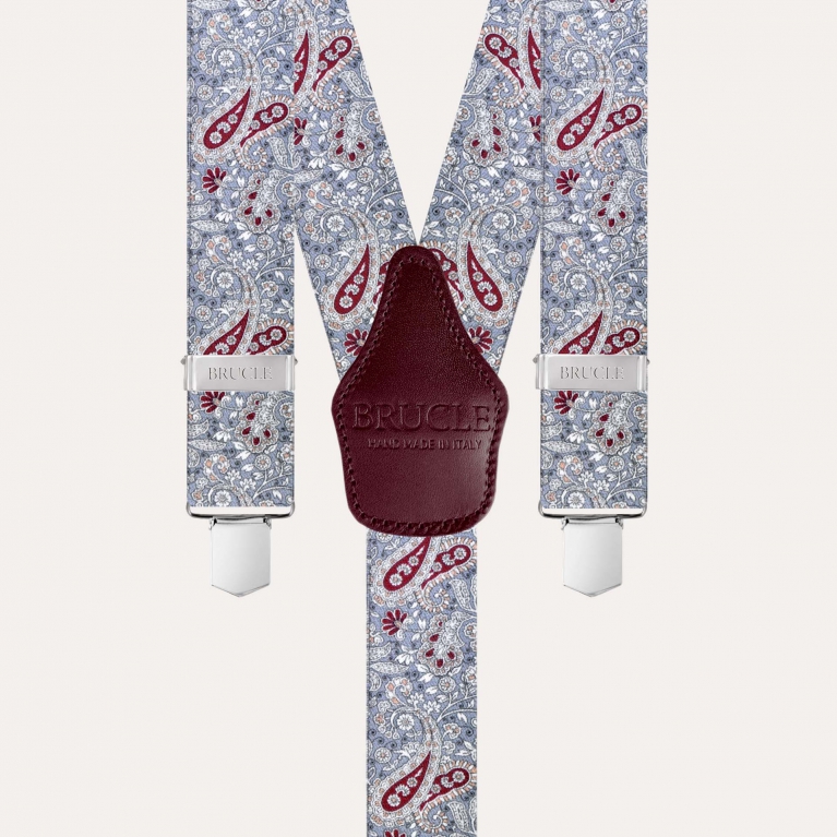 Tirantes con pinzas con estampado cachemir en gris y burdeos