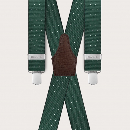 Extra-long green X-shaped suspenders with a polka dot pattern
