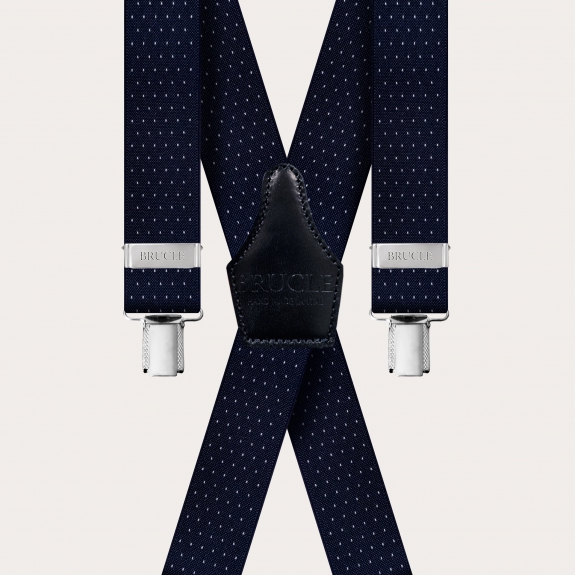 Extra-long X-shaped suspenders with blue pin clips