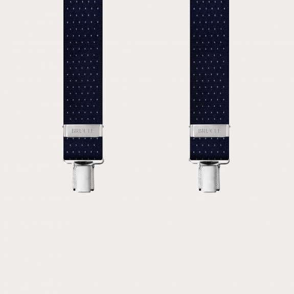 Extra-long X-shaped suspenders with blue pin clips