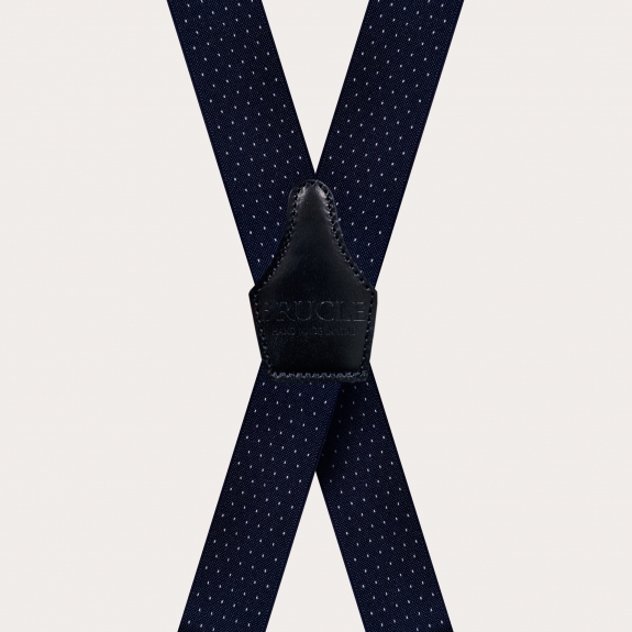 Extra-long X-shaped suspenders with blue pin clips