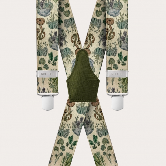 Extra-long X-shaped suspenders with satin effect, plant pattern