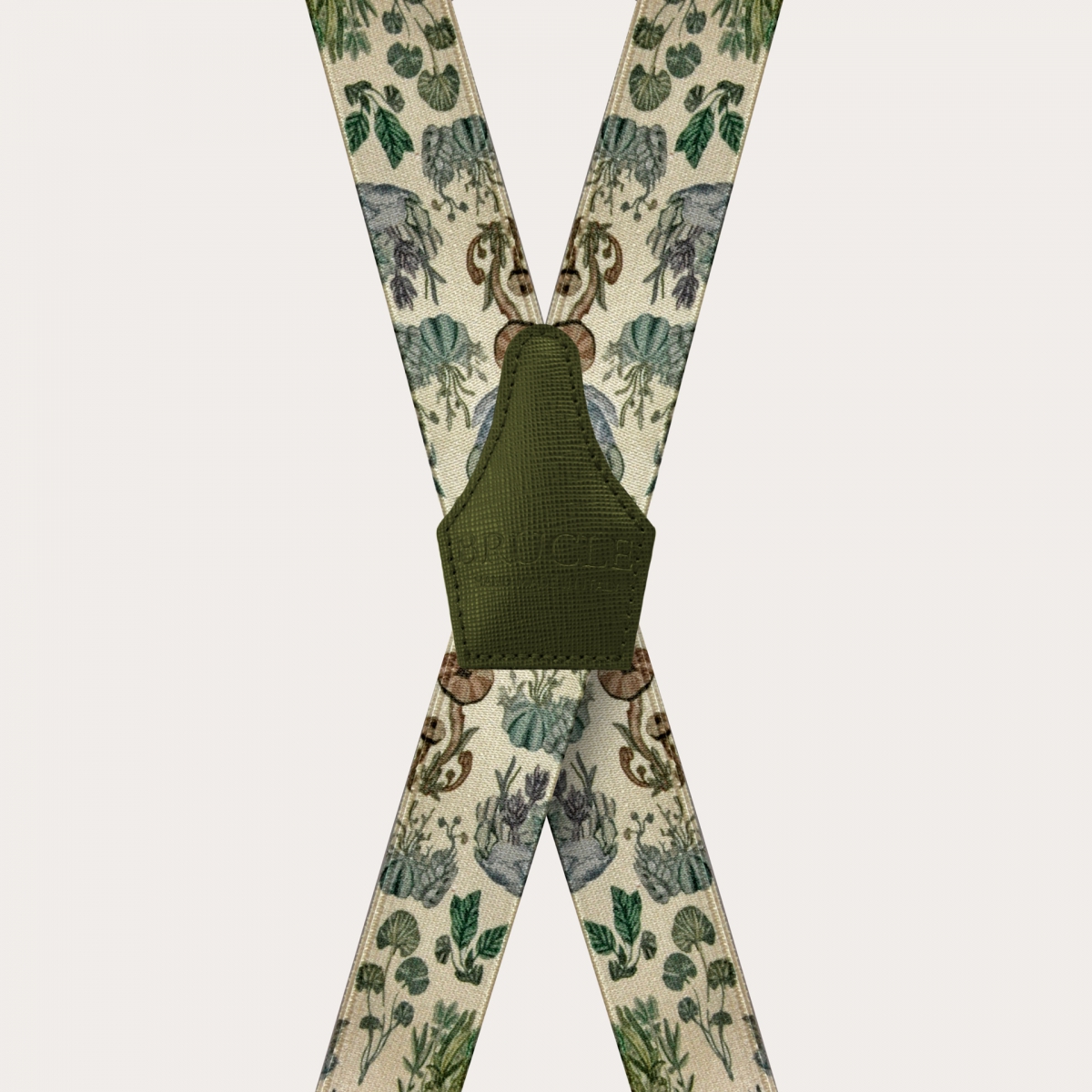 Extra-long X-shaped suspenders with satin effect, plant pattern
