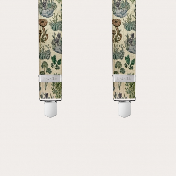 Extra-long X-shaped suspenders with satin effect, plant pattern
