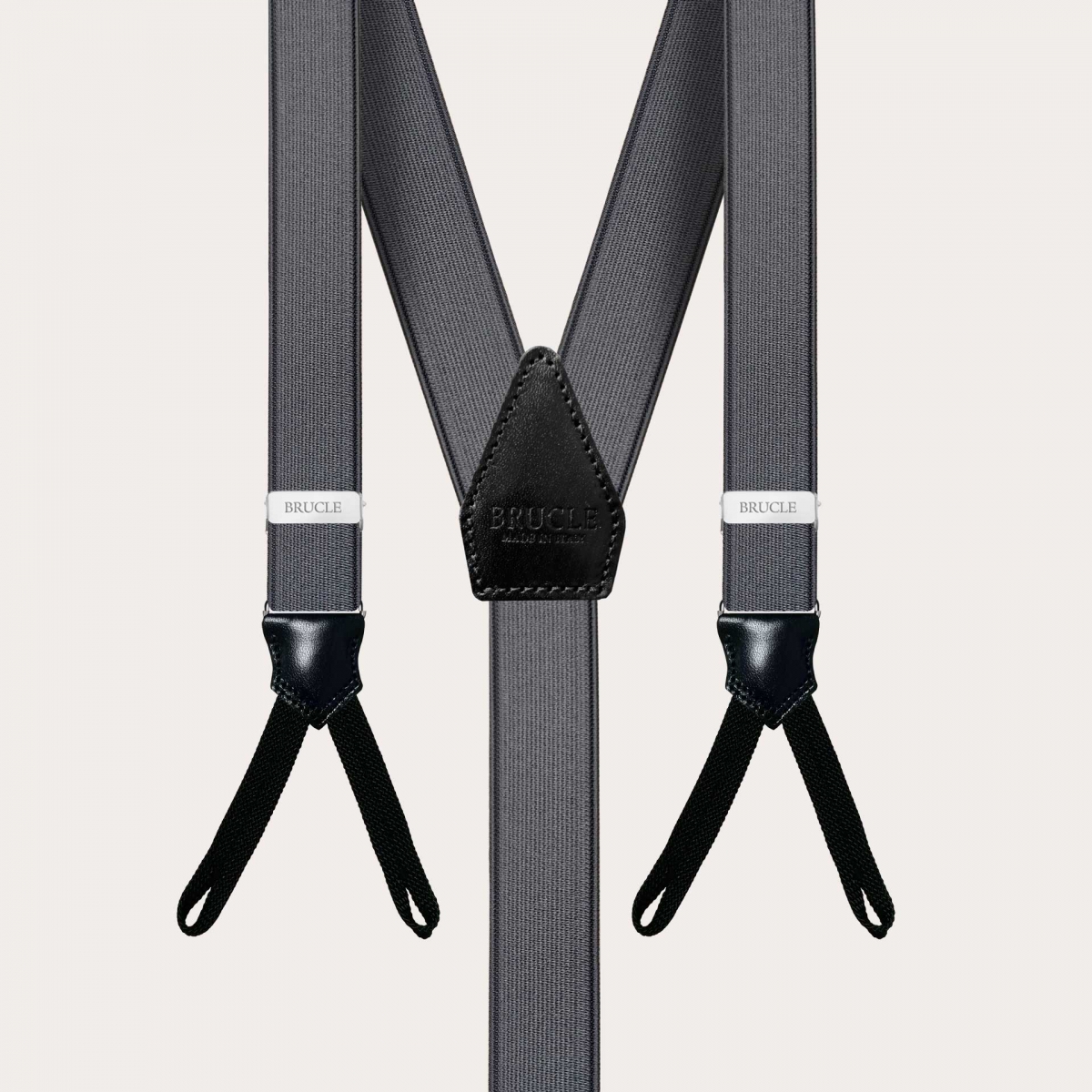 Extra-long grey satin suspenders with buttonholes