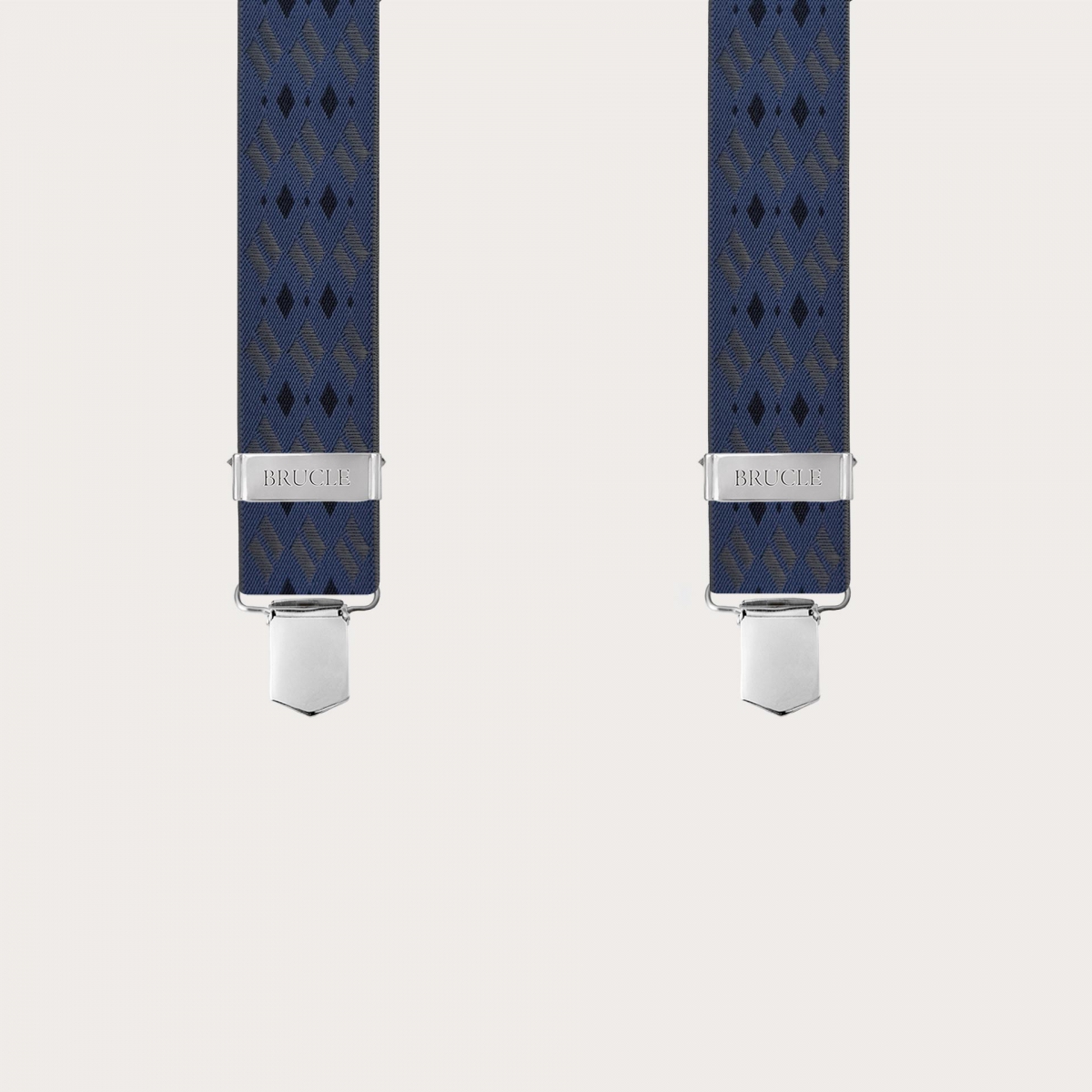 Extra-long X-back suspenders with diamonds, blue and grey
