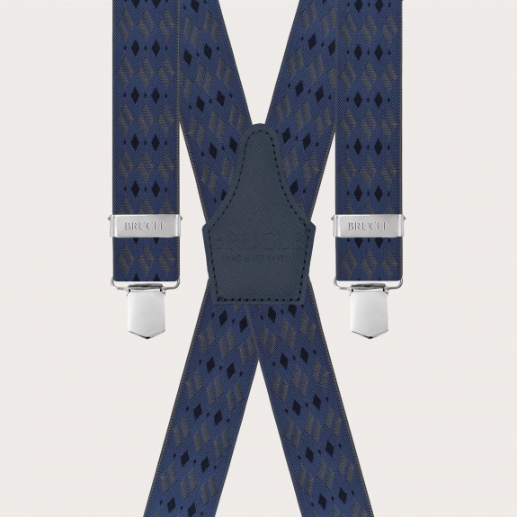 Bretelles extra longues à dos en X avec losanges, bleu et gris