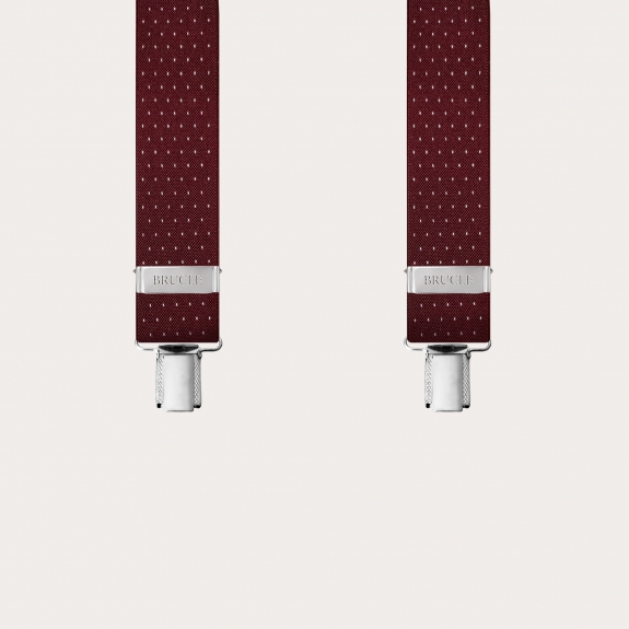 Extra-long X-back suspenders in bordeaux with pin-dot pattern