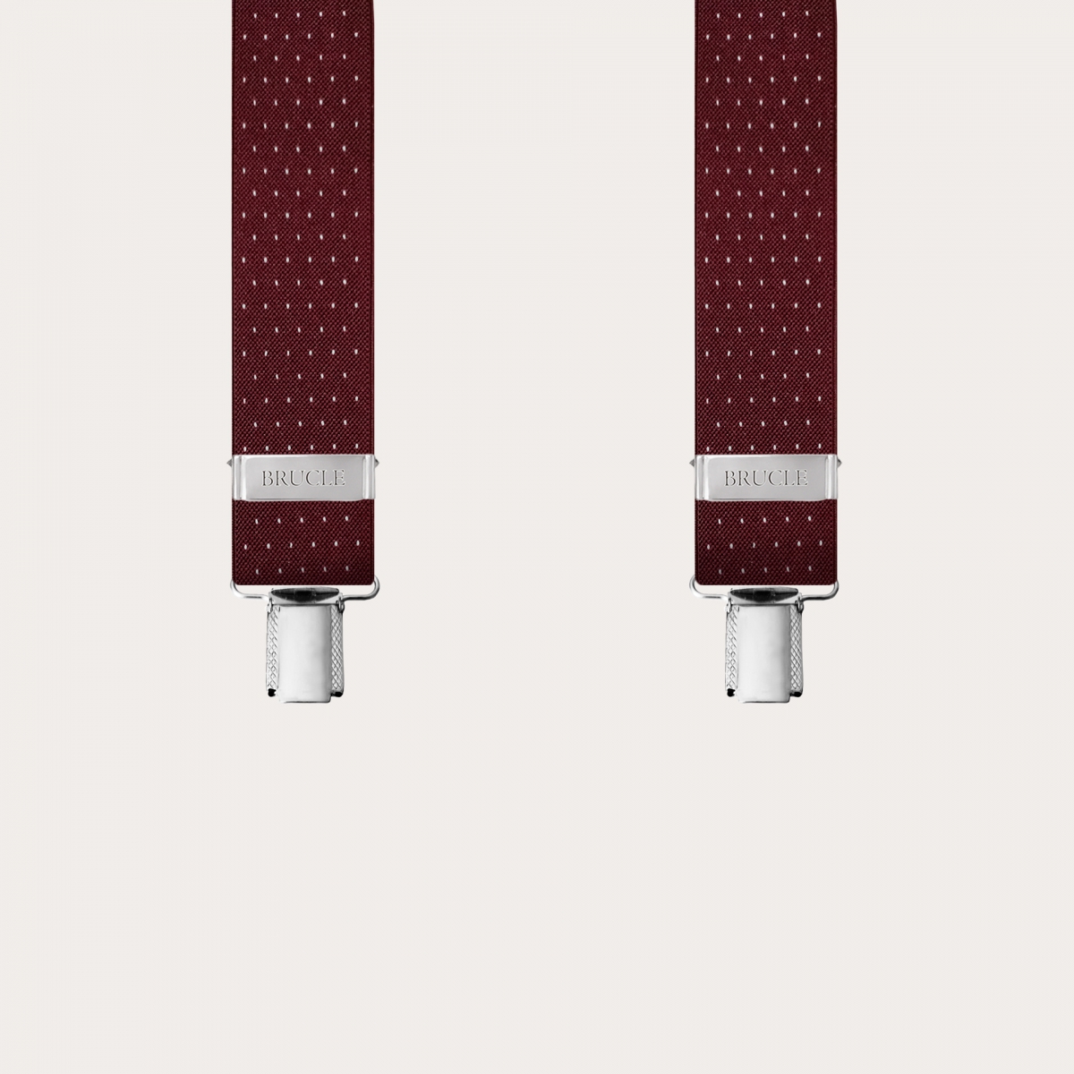 Extra-long X-back suspenders in bordeaux with pin-dot pattern
