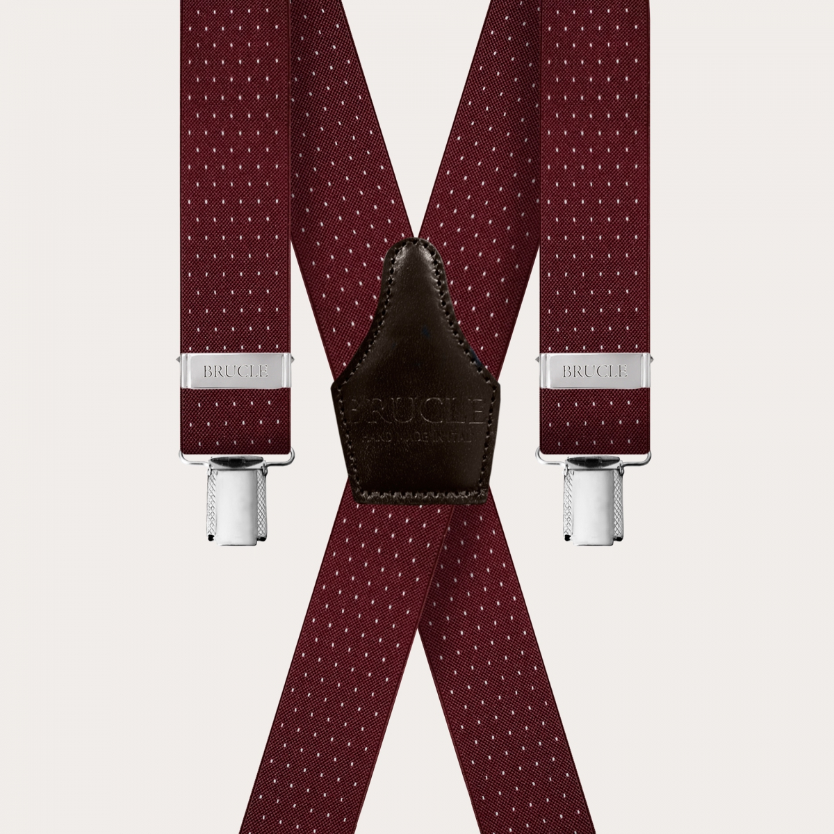 Extra-long X-back suspenders in bordeaux with pin-dot pattern
