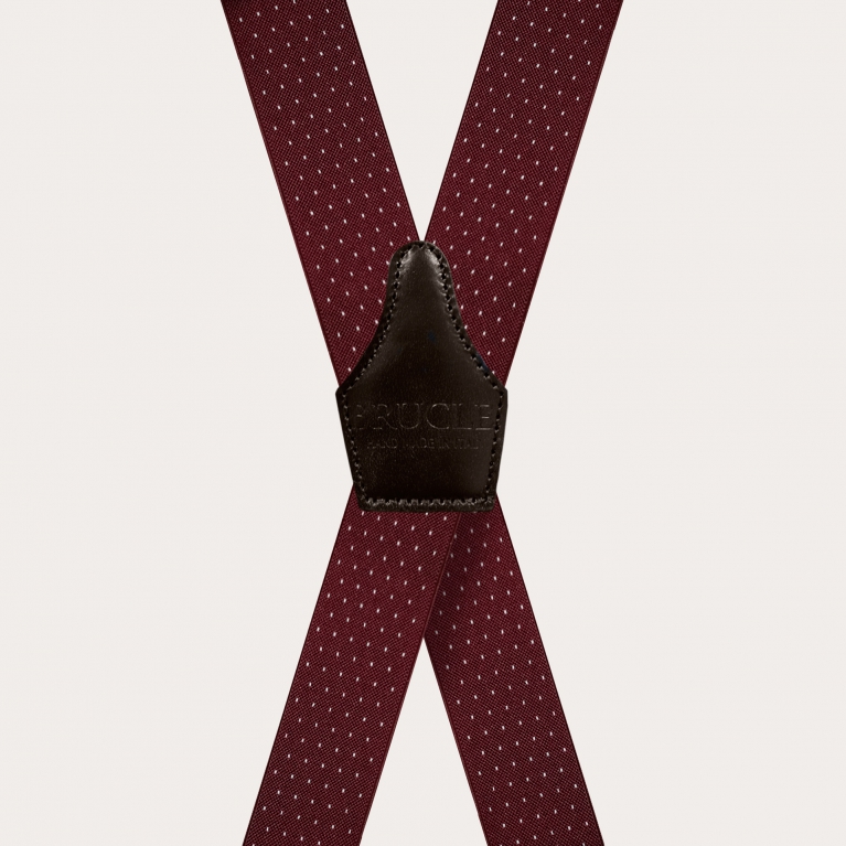 Extra-long X-back suspenders in bordeaux with pin-dot pattern