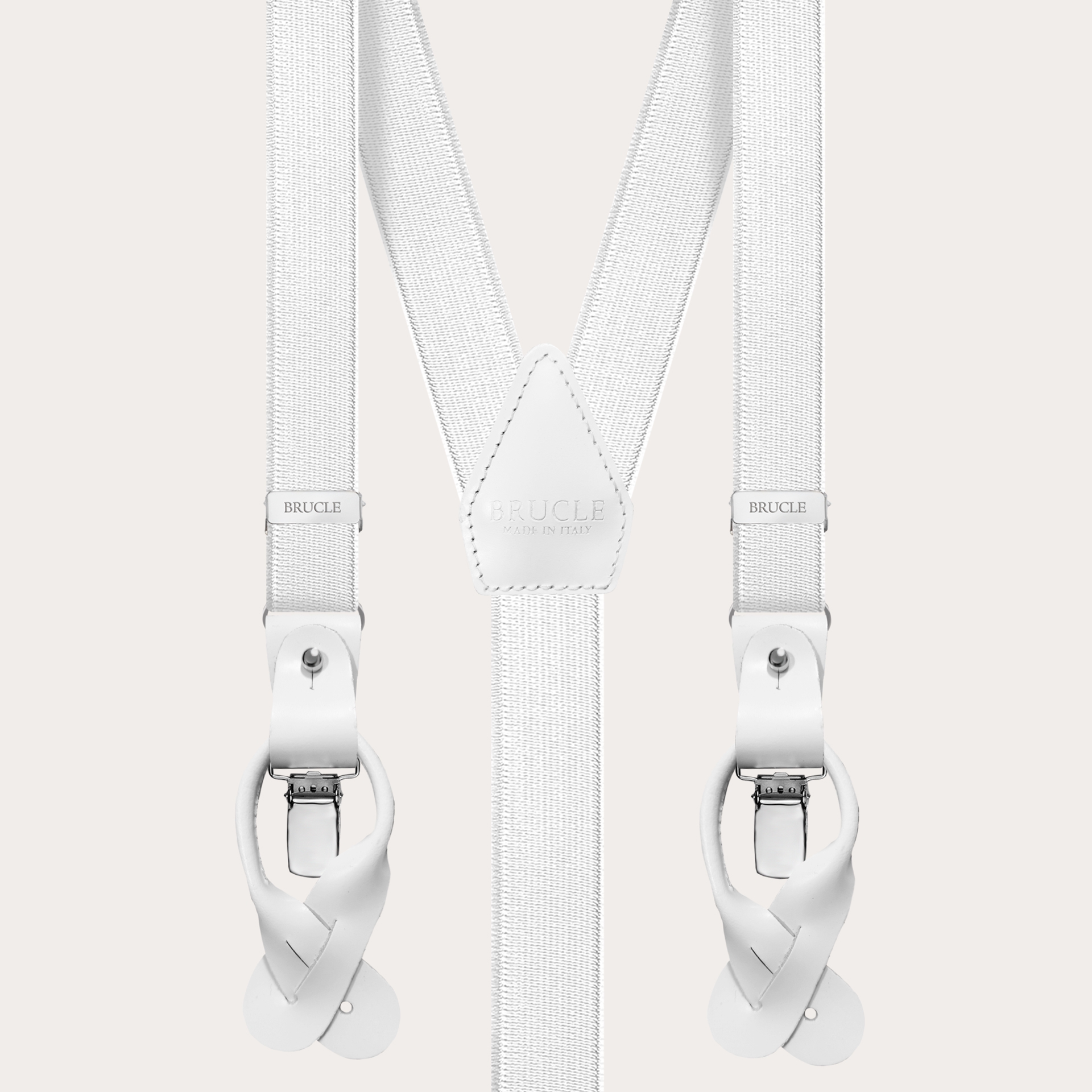 Extra-long white elastic satin suspenders