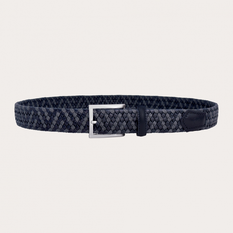 Blue elastic braided belt in leather and cotton