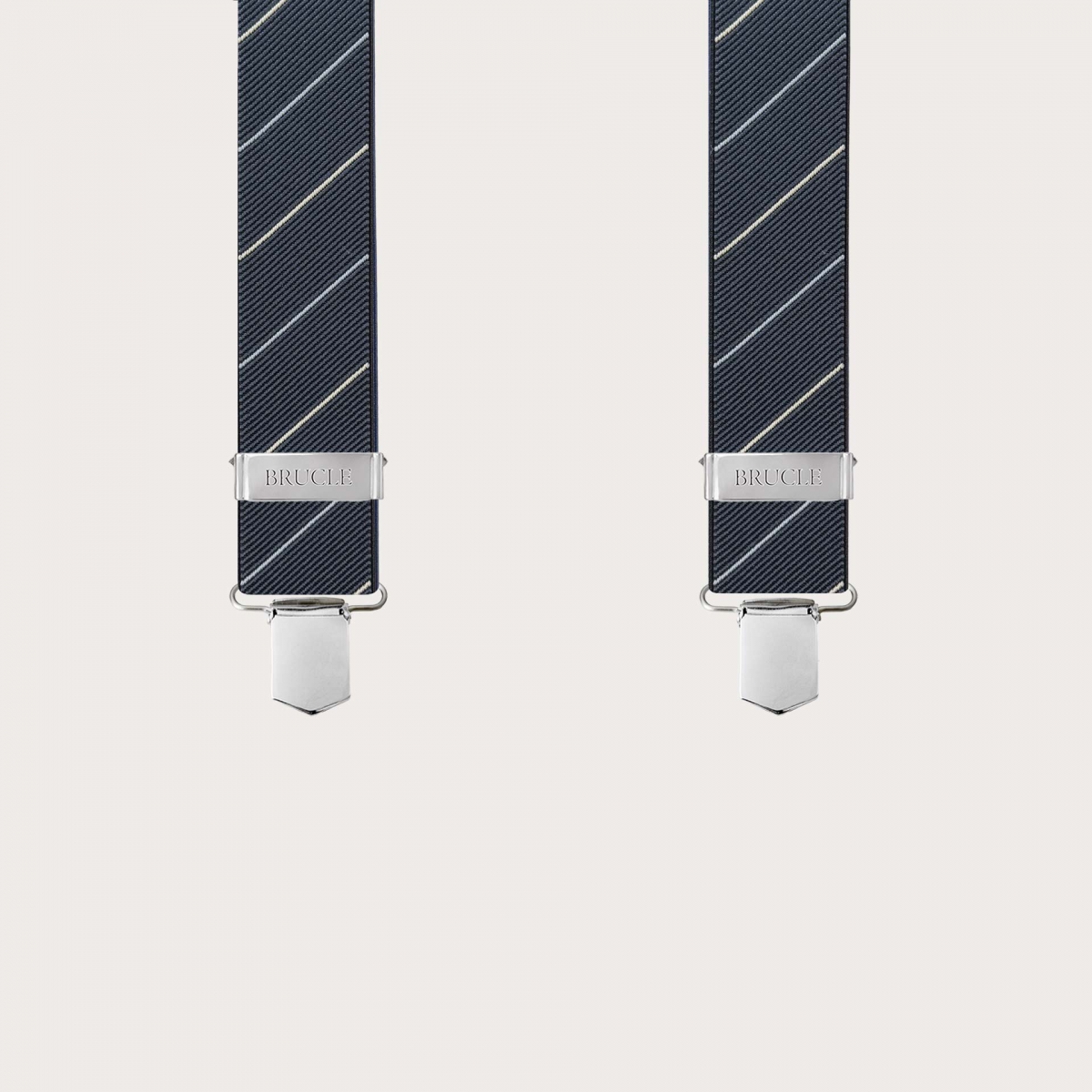 Elegant grey regimental suspenders with diagonal stripes, clip-on only