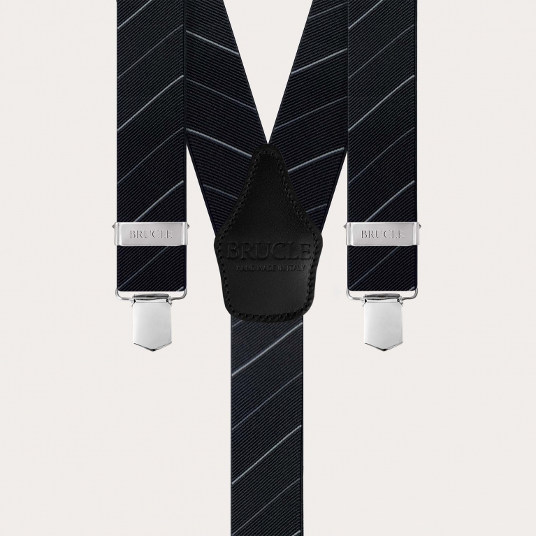 Elegant black regimental suspenders with oblique stripes, clip fastening only.