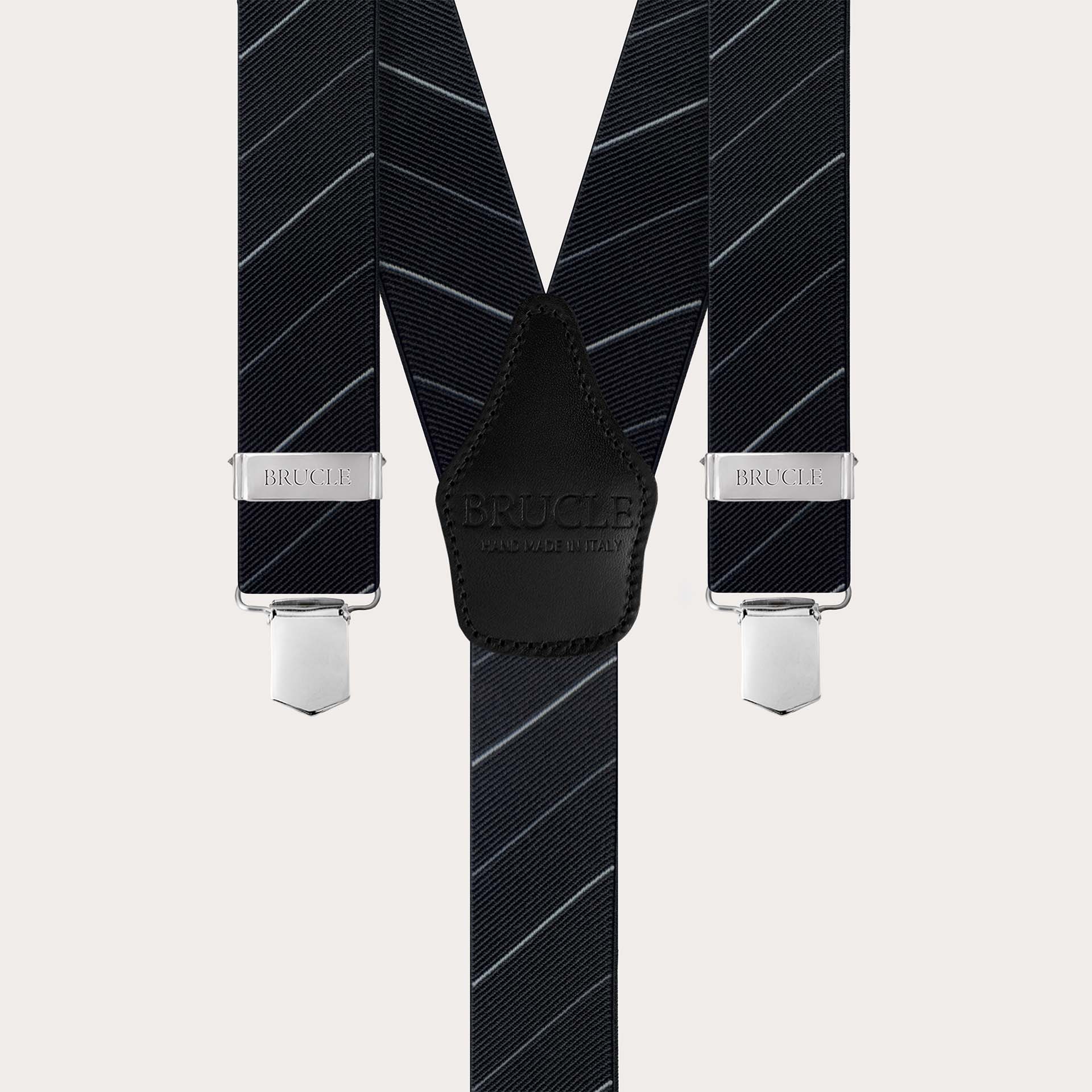 Elegant black regimental suspenders with oblique stripes, clip fastening only.