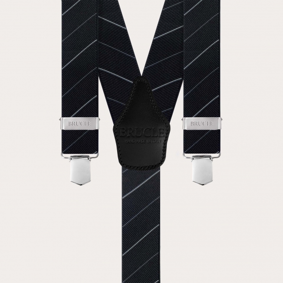 Elegant black regimental suspenders with oblique stripes, clip fastening only.