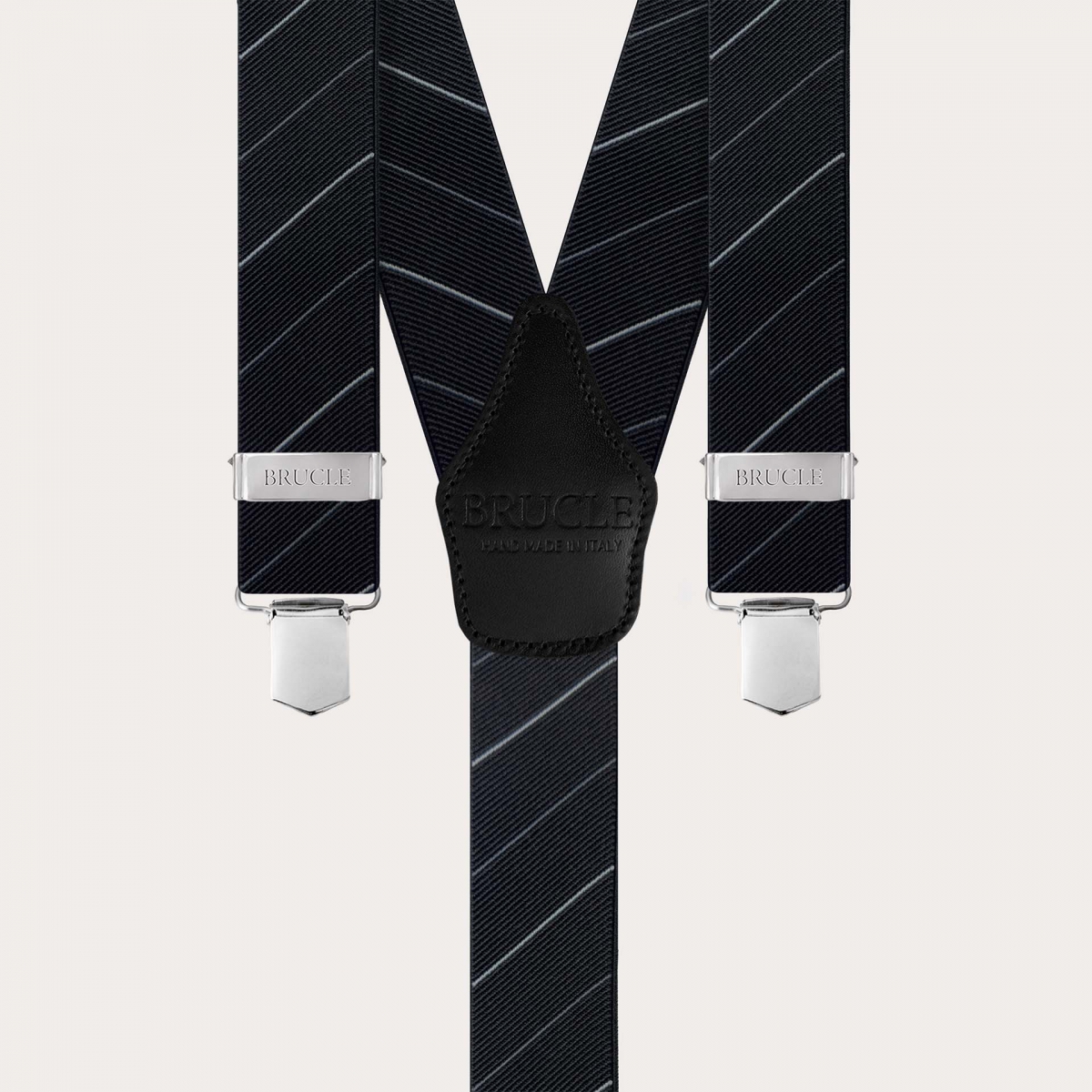 Elegant black regimental suspenders with oblique stripes, clip fastening only.