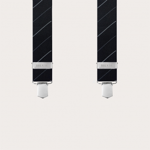 Elegant black regimental suspenders with oblique stripes, clip fastening only.