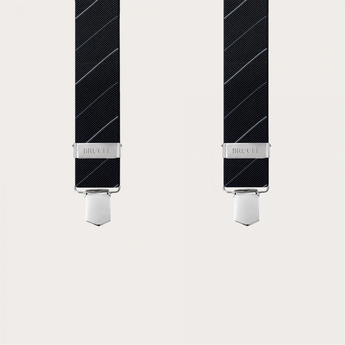 Elegant black regimental suspenders with oblique stripes, clip fastening only.