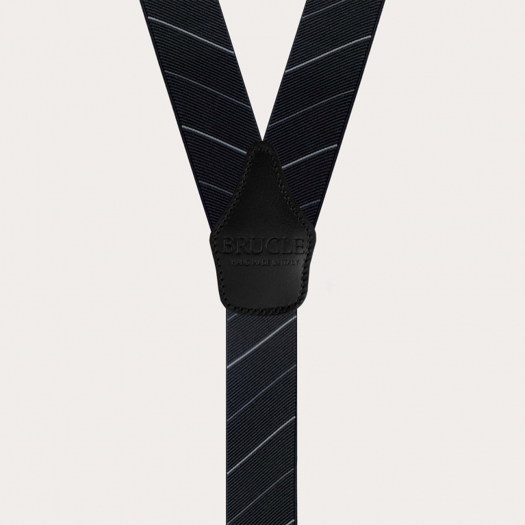 Elegant black regimental suspenders with oblique stripes, clip fastening only.