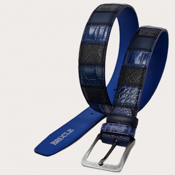 Ceinture bleue extra longue avec finition patchwork