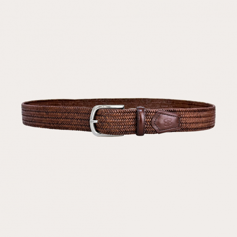 Extra-long brown braided elastic leather belt