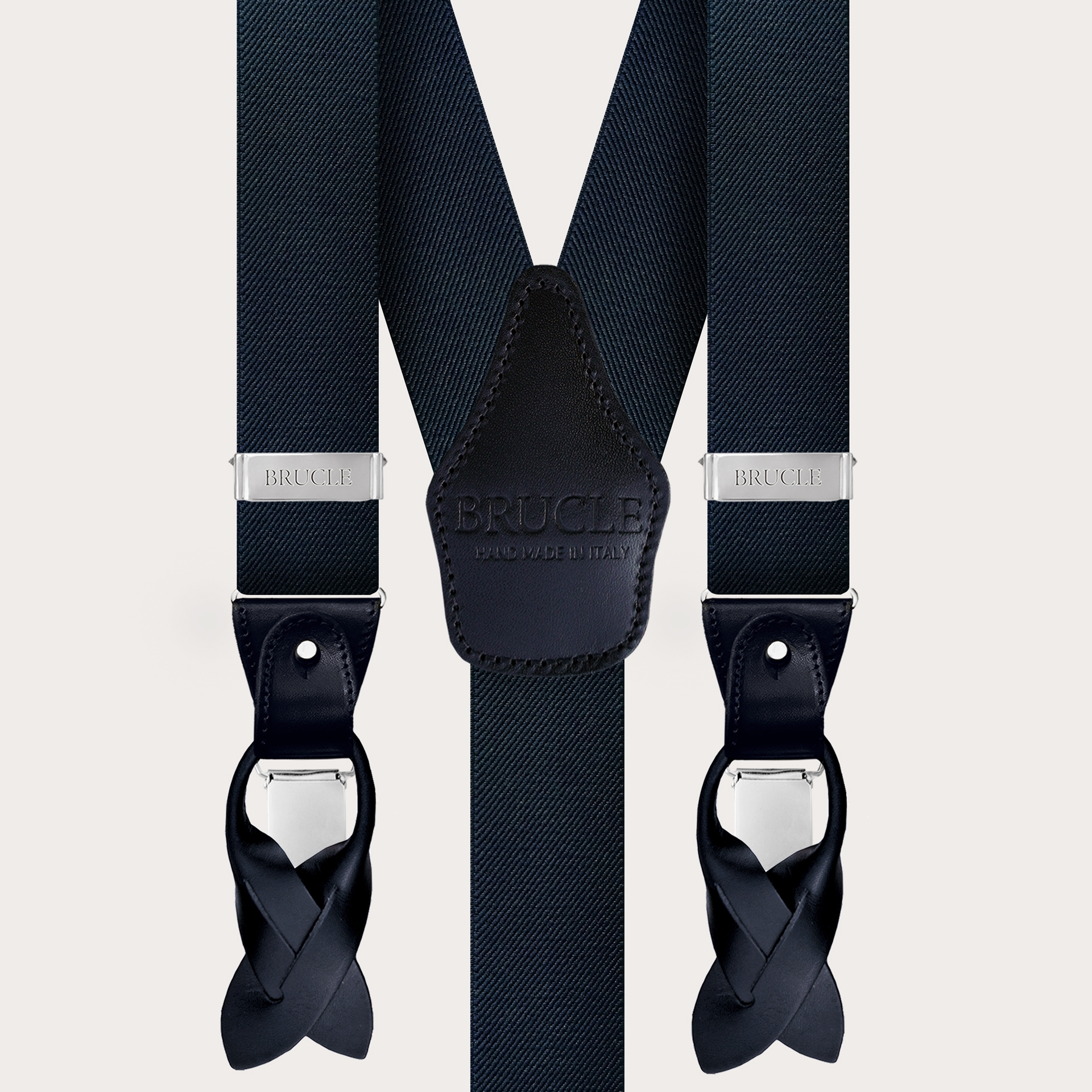 Extra-long navy blue suspenders with buttons or clips