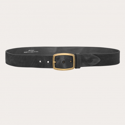 Extra-long black leather belt with a distressed effect