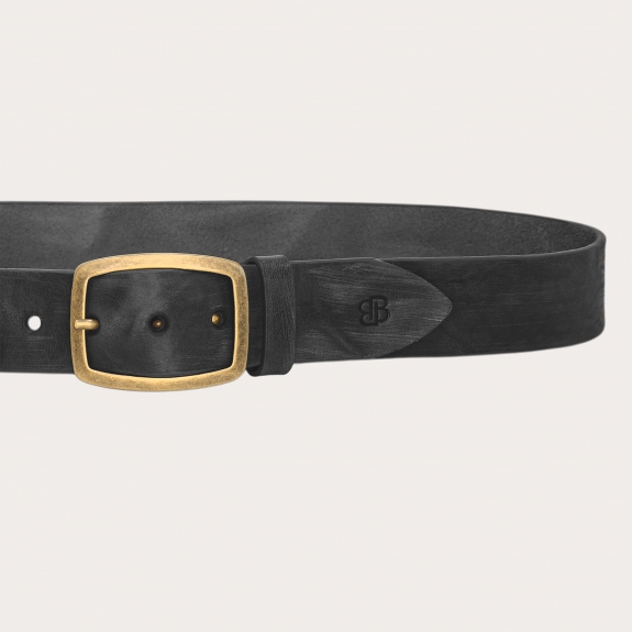 Extra-long black leather belt with a distressed effect