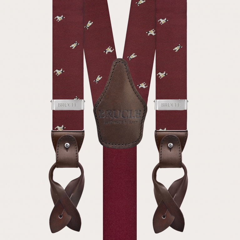 Bordeaux jacquard silk suspenders with French bulldogs