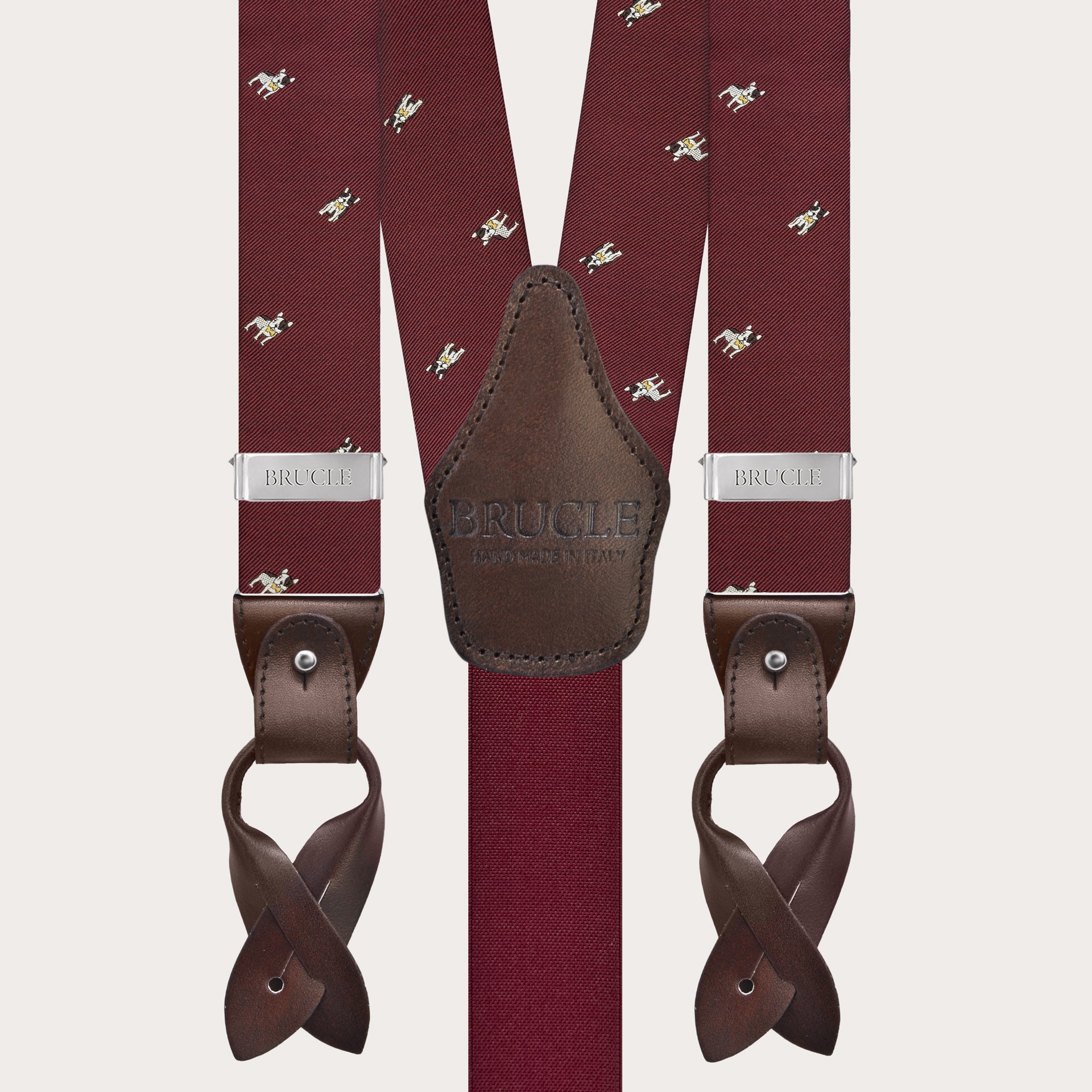 Bretelles en soie jacquard bordeaux avec des bouledogues français