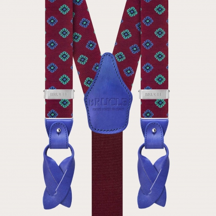 Tirantes de seda burdeos de doble cara con flores azules