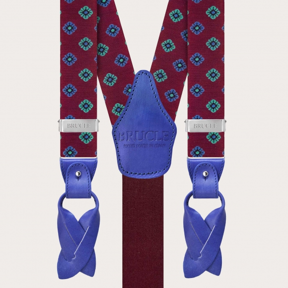 Tirantes de seda burdeos de doble cara con flores azules