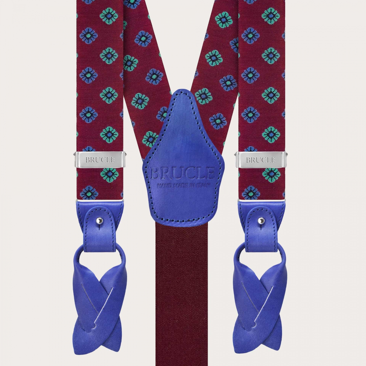 Burgundy double-sided silk suspenders with blue flowers