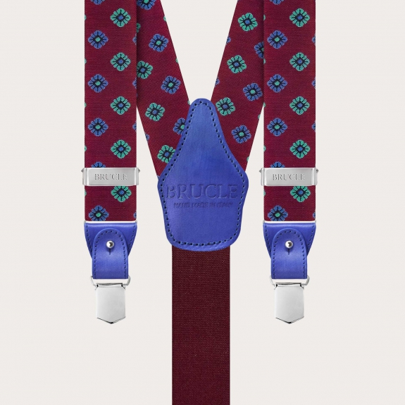 Bordeauxrote, doppelseitige Seidenhosenträger mit blauen Blumen