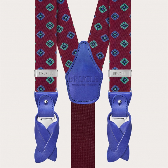 Burgundy double-sided silk suspenders with blue flowers