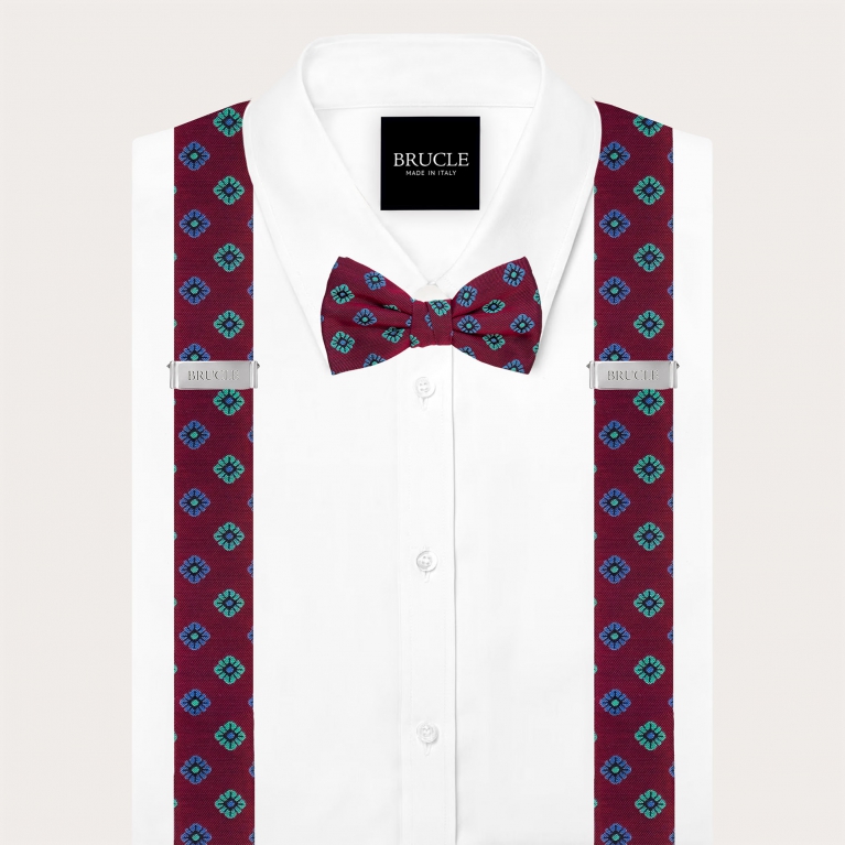 Dual-purpose suspenders and matching floral burgundy silk bow tie